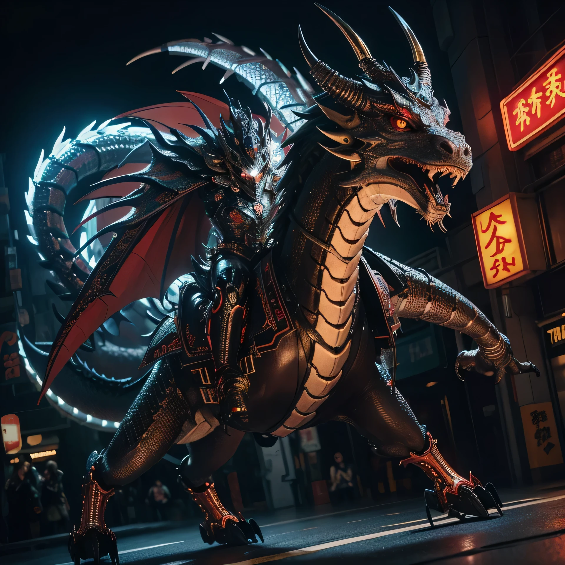 Cyborg Chinese-Dragon Wear advanced metal armor., Decorated with an intricate dragon pattern., Stride confidently through the glowing streets of the neon city.. His glowing red eyes scanned his surroundings., Watch out for enemy signals.. Neon lights danced on his scale., Reflecting his sleek armor in a mesmerizing performance.. The hum of machinery blends with the pulsating neon beat., creating an almost surreal atmosphere as he continued his journey., Keep an eye out for potential threats..