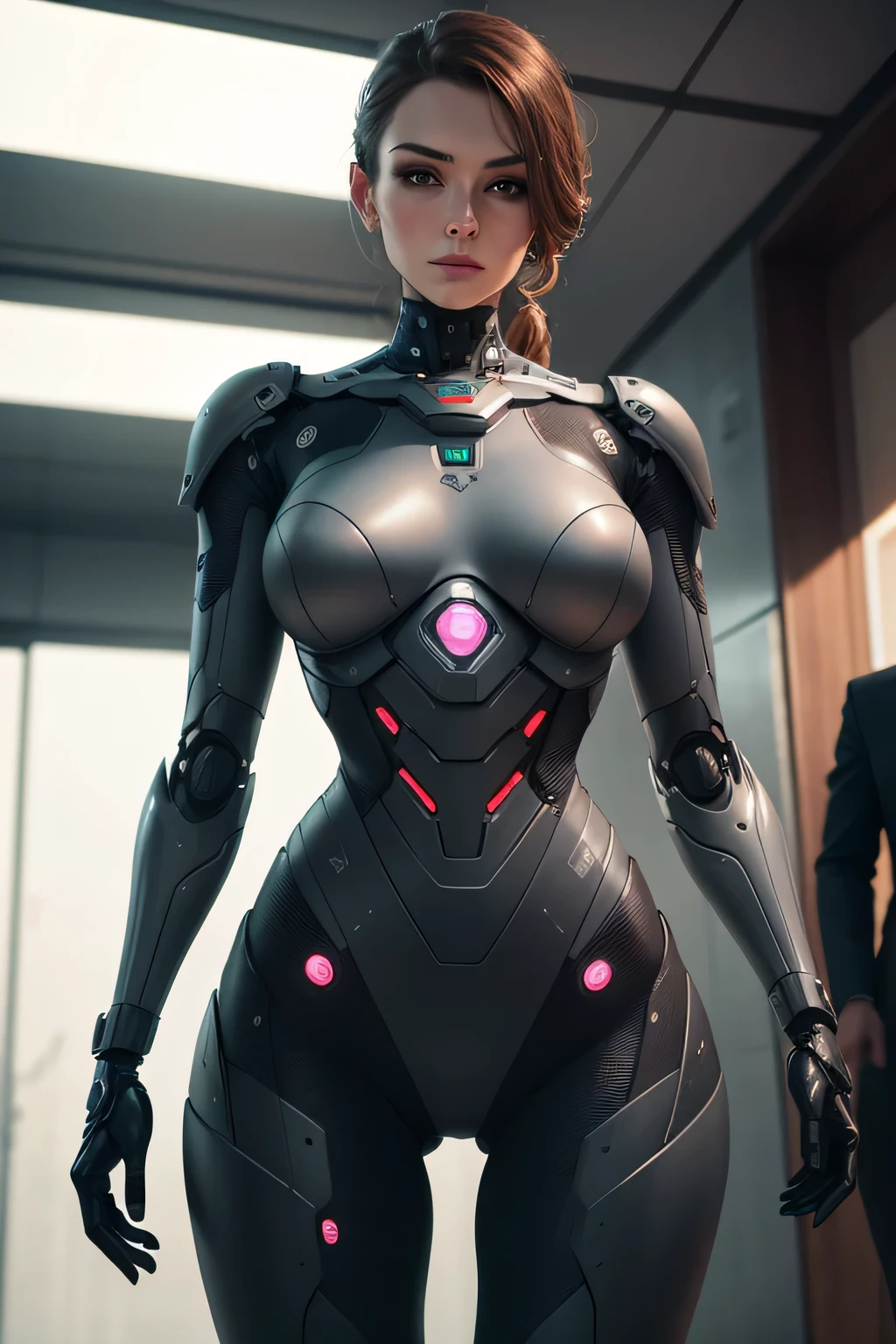 A married woman who was turned into a spy robot mechanical body The limbs and head remain human skin. Behind her stands a middle-aged man in a suit A laboratory-like room, UHD, retina, masterpiece, ccurate, anatomically correct, textured skin, super detail, high details, high quality, award winning, best quality, highres