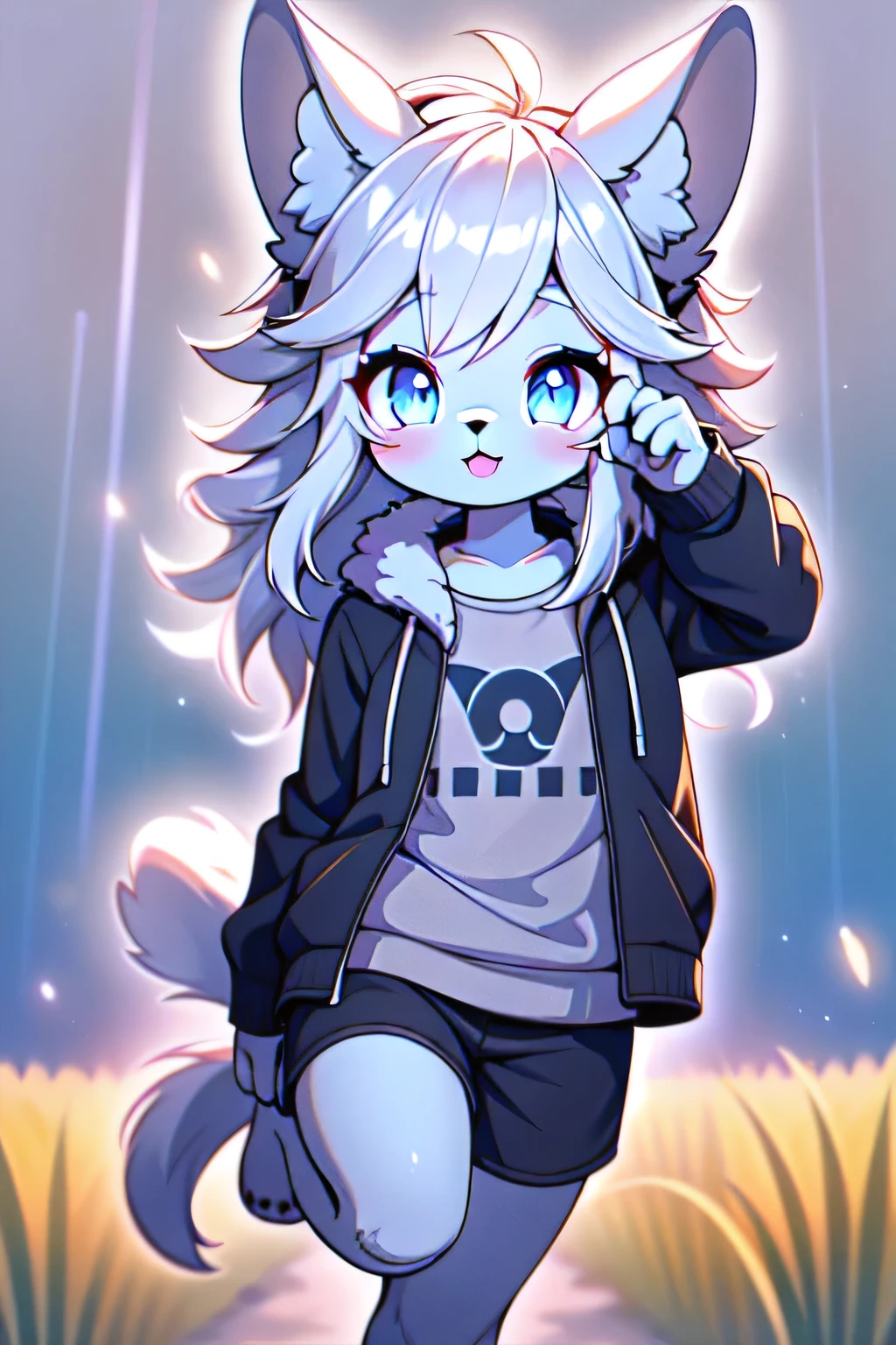 anthro boy cat, long hair, cat tail, solo, furry, furry boy, (girly, young, gray fur, gray body, blue eyes, gray hair:1.2), (black shorts, t-short, jacket, black clothes), (detailed background, cornfield, wind, day, summer, storm, rain, gray background), pose, hand on leg