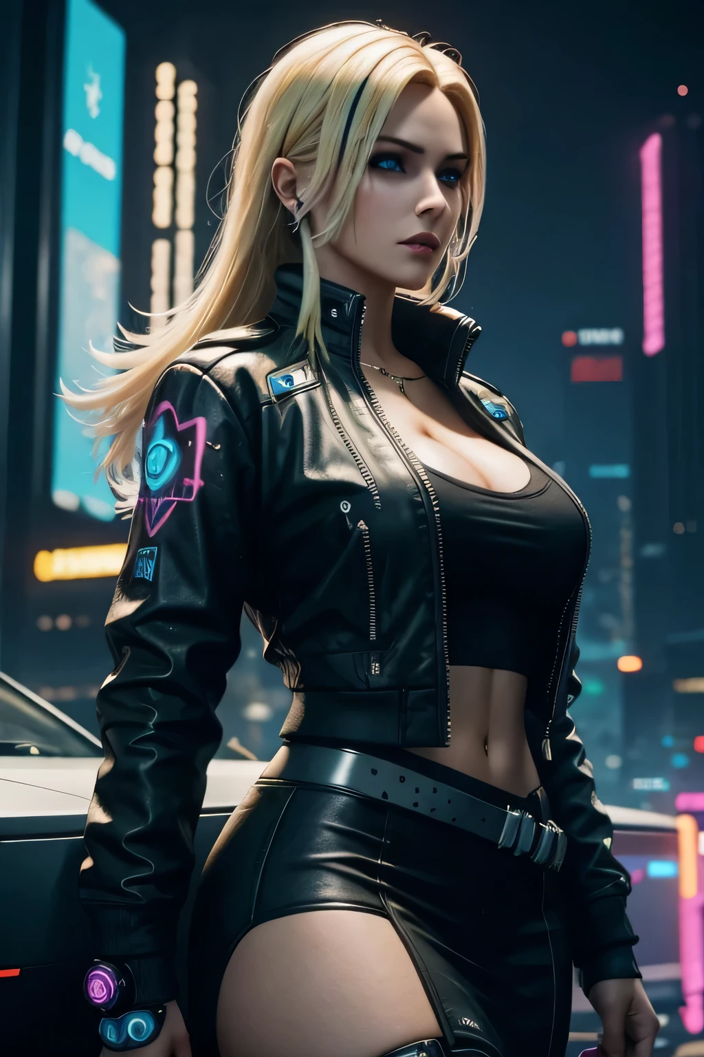 Uma mulher corporativa, roupa corporativa, ciberpunk 2077, cabelo loiro com mechas azuis