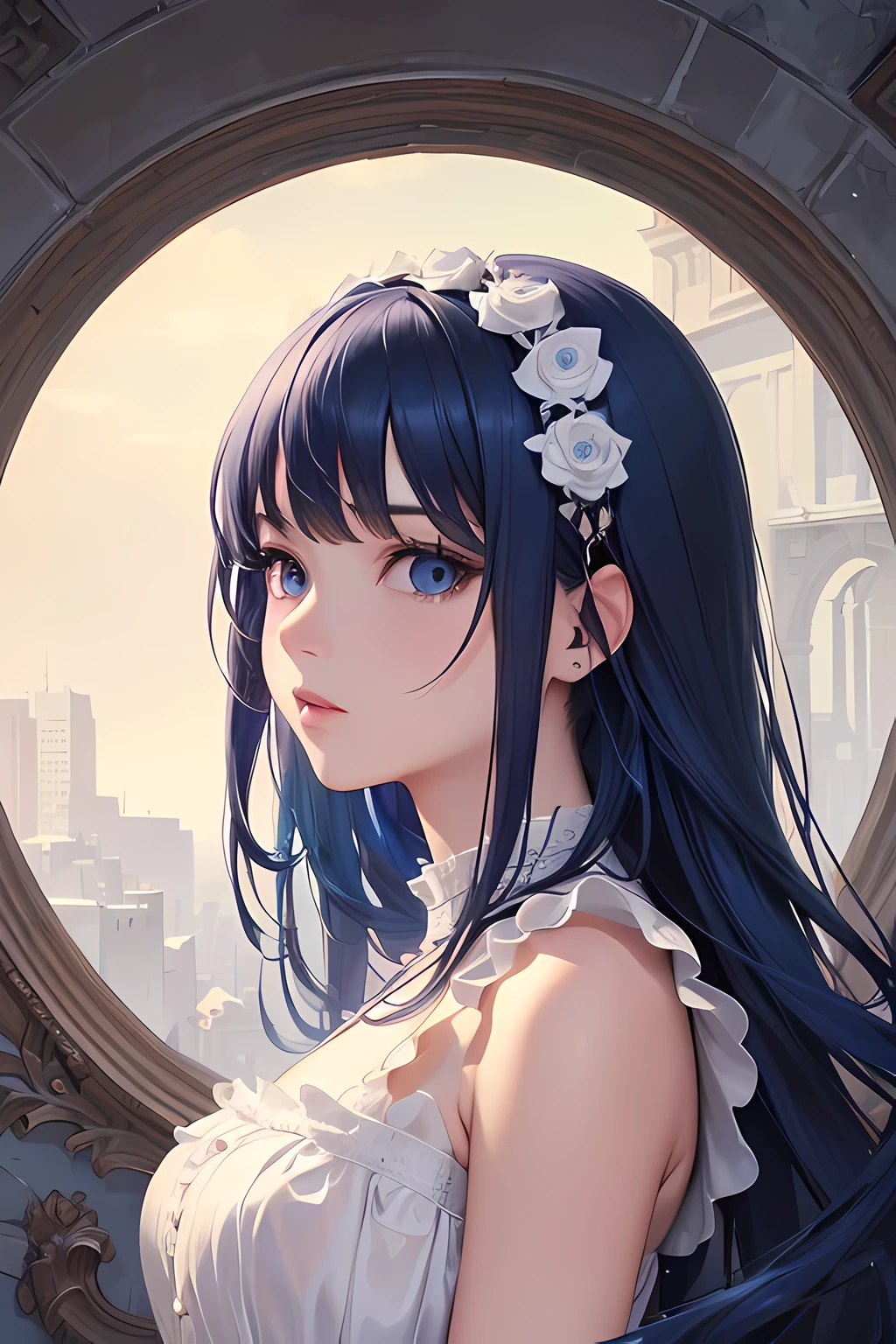 highres, ultra detailed, (masterpiece, top quality, best quality, official art, beautiful and aesthetic:1.2), (ultra-detailed background, detailed background), extremly detailed, ultra detailed face, ultra detailed eyes, 1girl, blue hair, detailed white dress