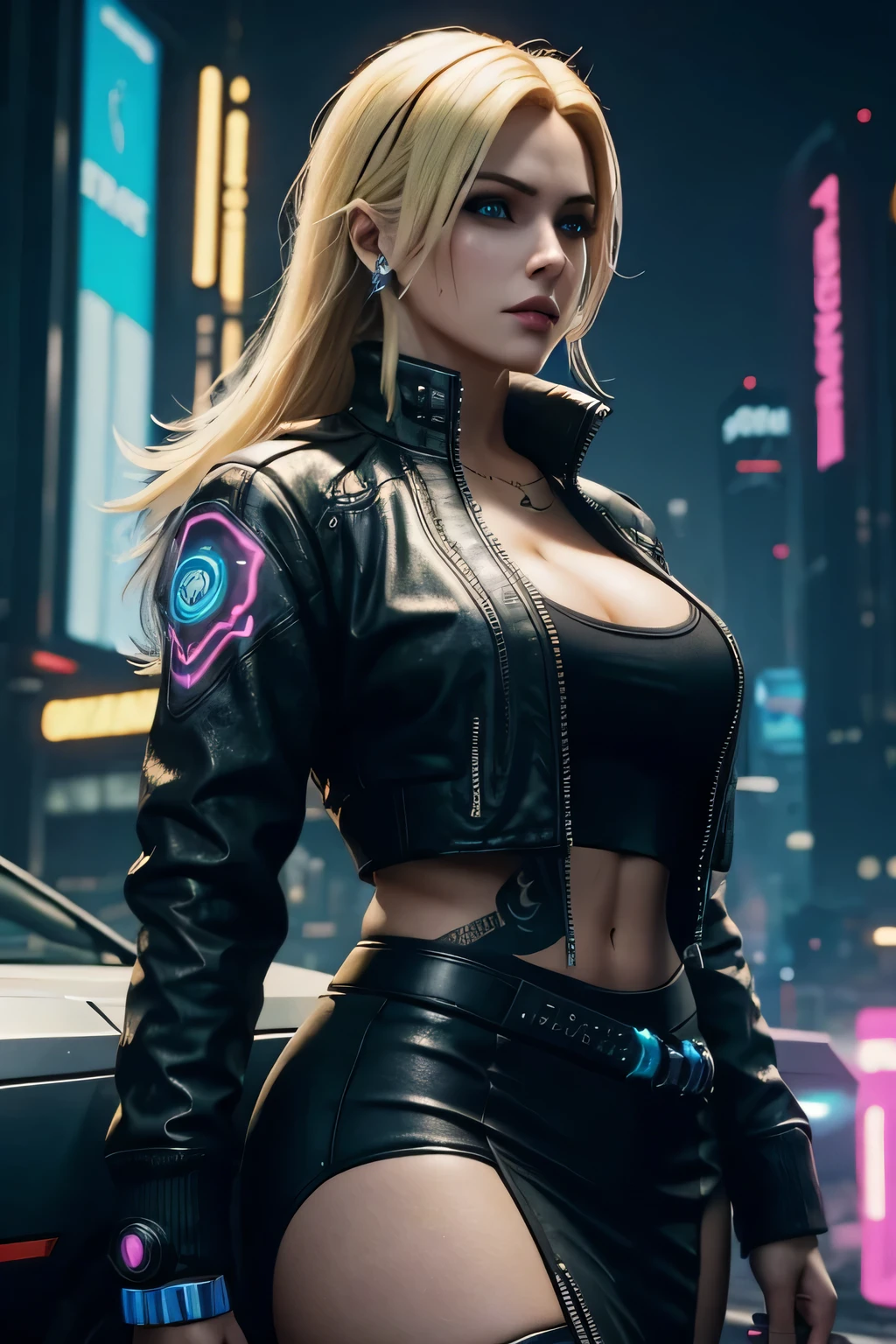 Uma mulher corporativa, roupa corporativa, ciberpunk 2077, cabelo loiro com mechas azuis