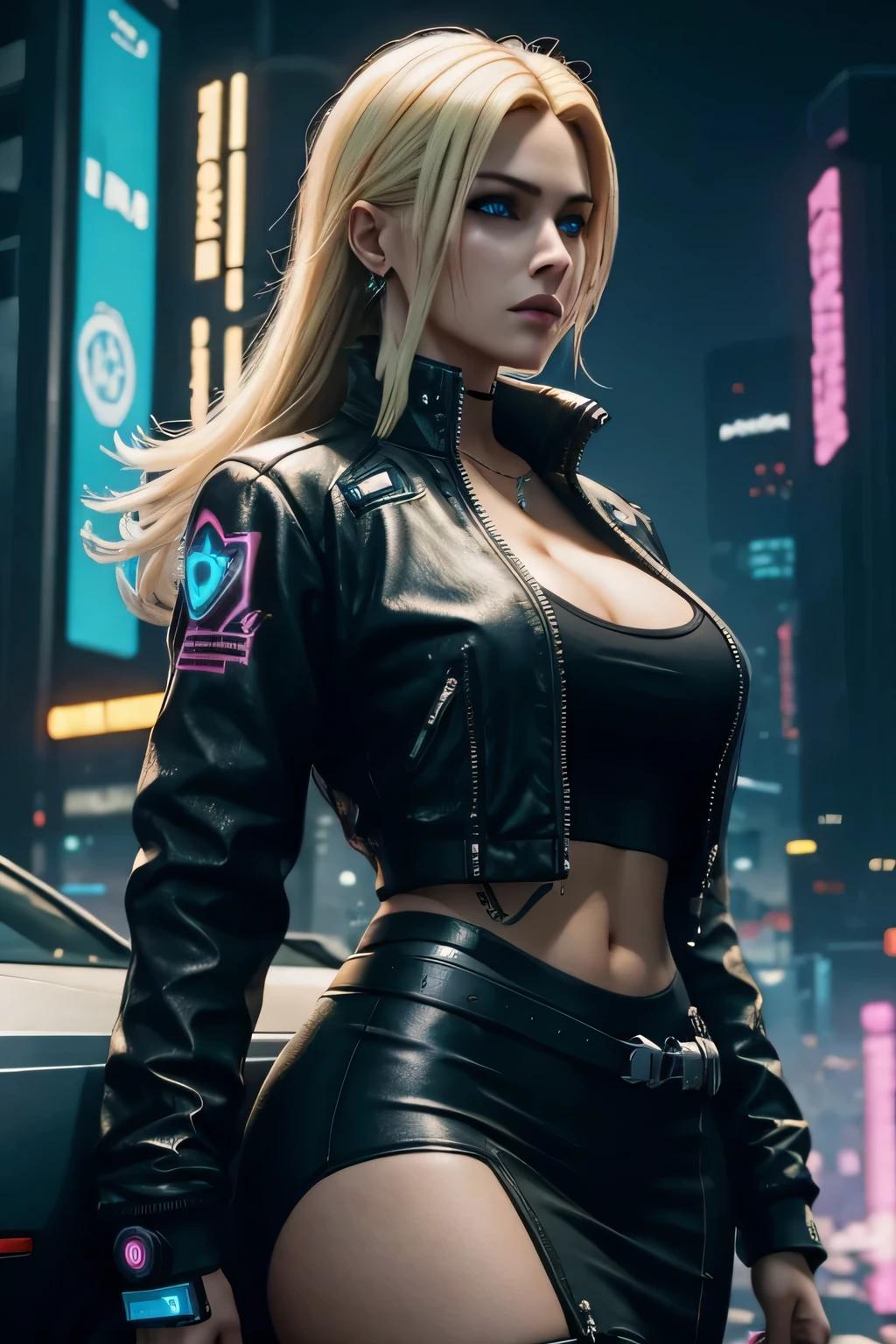 Uma mulher corporativa, roupa corporativa, ciberpunk 2077, cabelo loiro com mechas azuis