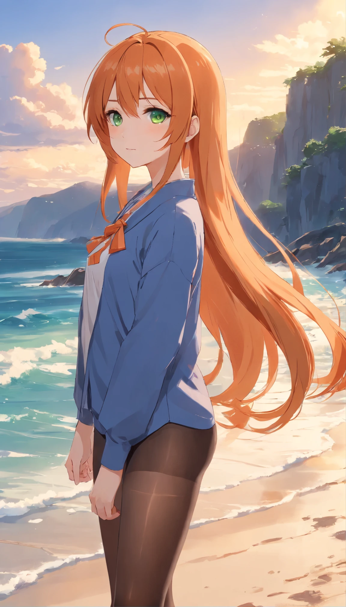 Anime girl with long orange hair, standing on the beach near the ocean, green eyes detailed digital anime art, anime girl with long hair, гладкое аниме cg art, anime girl with long hair, digital anime art, work in Guweiz style, Beautiful anime portrait, Photorealistic render of an anime girl, pantyhose, Beautiful anime girl, advanced digital anime art, guweiz на artstation pixiv HD UHD HQ
