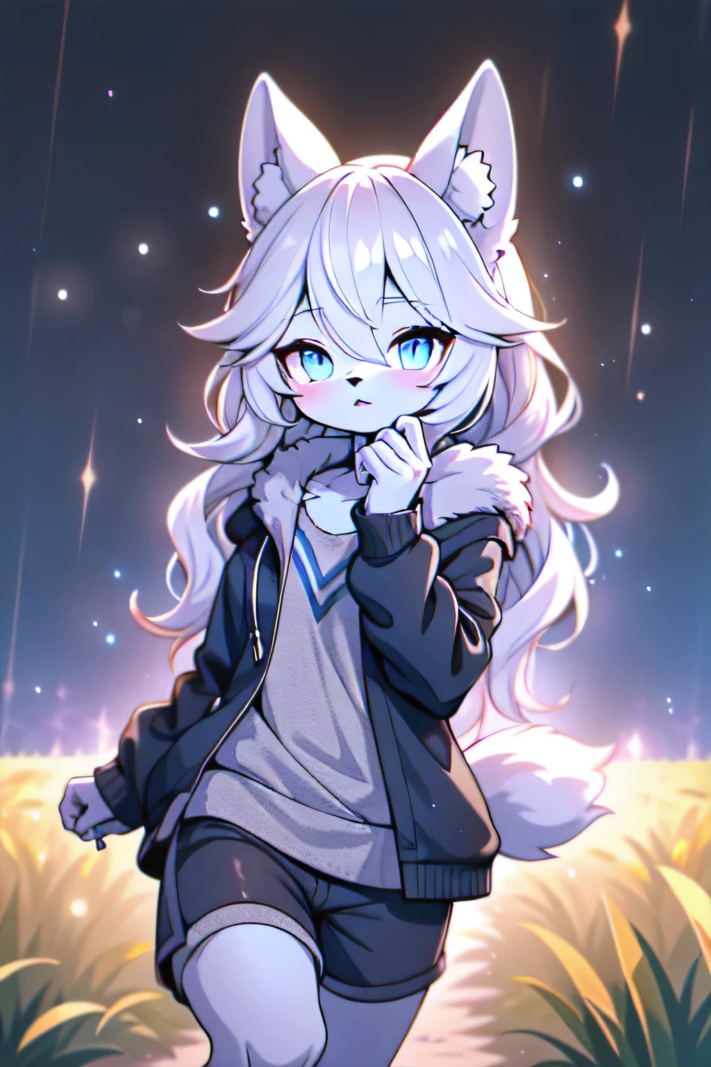 anthro boy cat, long hair, cat tail, solo, furry, furry boy, (girly, young, gray fur, gray body, blue eyes, gray hair:1.2), (black shorts, t-short, jacket, black clothes), (detailed background, cornfield, wind, day, summer, storm, rain, gray background), pose, hand on leg