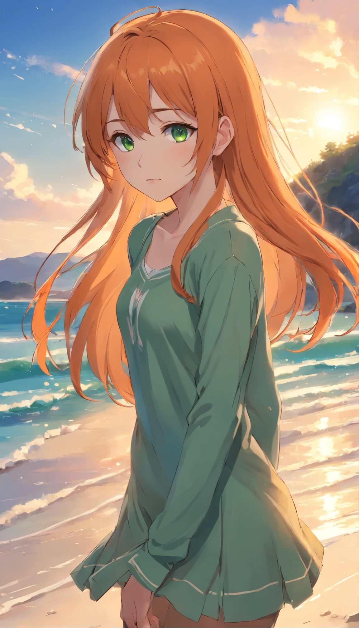 Anime girl with long orange hair, standing on the beach near the ocean, green eyes detailed digital anime art, anime girl with long hair, гладкое аниме cg art, anime girl with long hair, digital anime art, work in Guweiz style, Beautiful anime portrait, Photorealistic render of an anime girl, pantyhose, Beautiful anime girl, advanced digital anime art, guweiz на artstation pixiv HD UHD HQ