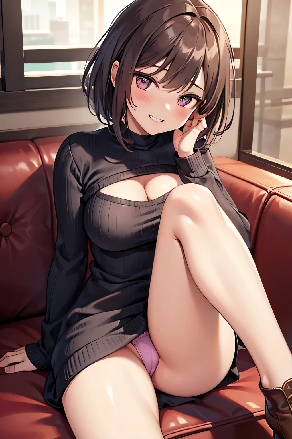 (1) There is one woman with beautiful legs, She sits cross-legged、Show off your beautiful legs and panties, 
(2) She sits cross-legged, I would like you to draw a picture of the whole body with legs visible.., 
(3) The woman is wearing a dark gray knitted mini dress with long sleeves.、Ribbed knit dress that shows off your body line beautifully.、There is a gap in the chest where cleavage can be seen..、The length of the knit dress is super miniskirt length..、My feet are wearing western boots, 
(4) The visible pants are pink and have flashy patterns.., 
(5) woman has short brown hair, shining eyes, A provocative grin,
(6) The place is a cafe restaurant.., 
(7) highest quality, High resolution, realistic pictures, realistic skin,
