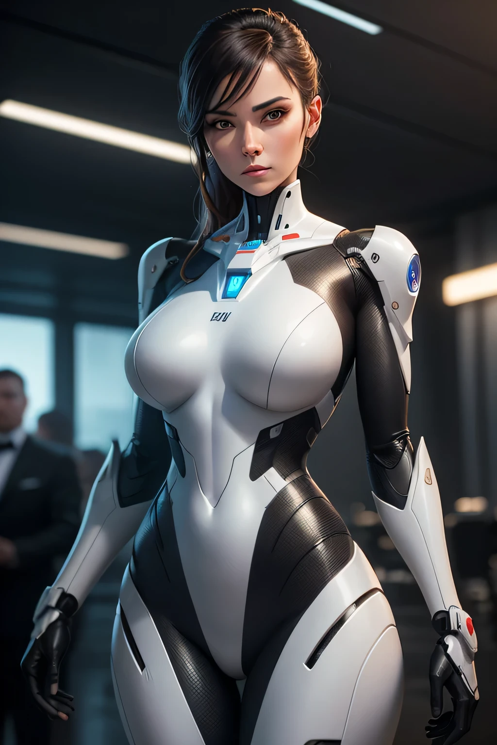 A married woman turned into a spy robot　Machine body　Human limbs　A man in a suit is standing behind her.　indoor, UHD, retina, masterpiece, Accurate, anatomically correct, rough skin, Super detailed, advanced details, high quality, Award history, 最high quality, High resolution