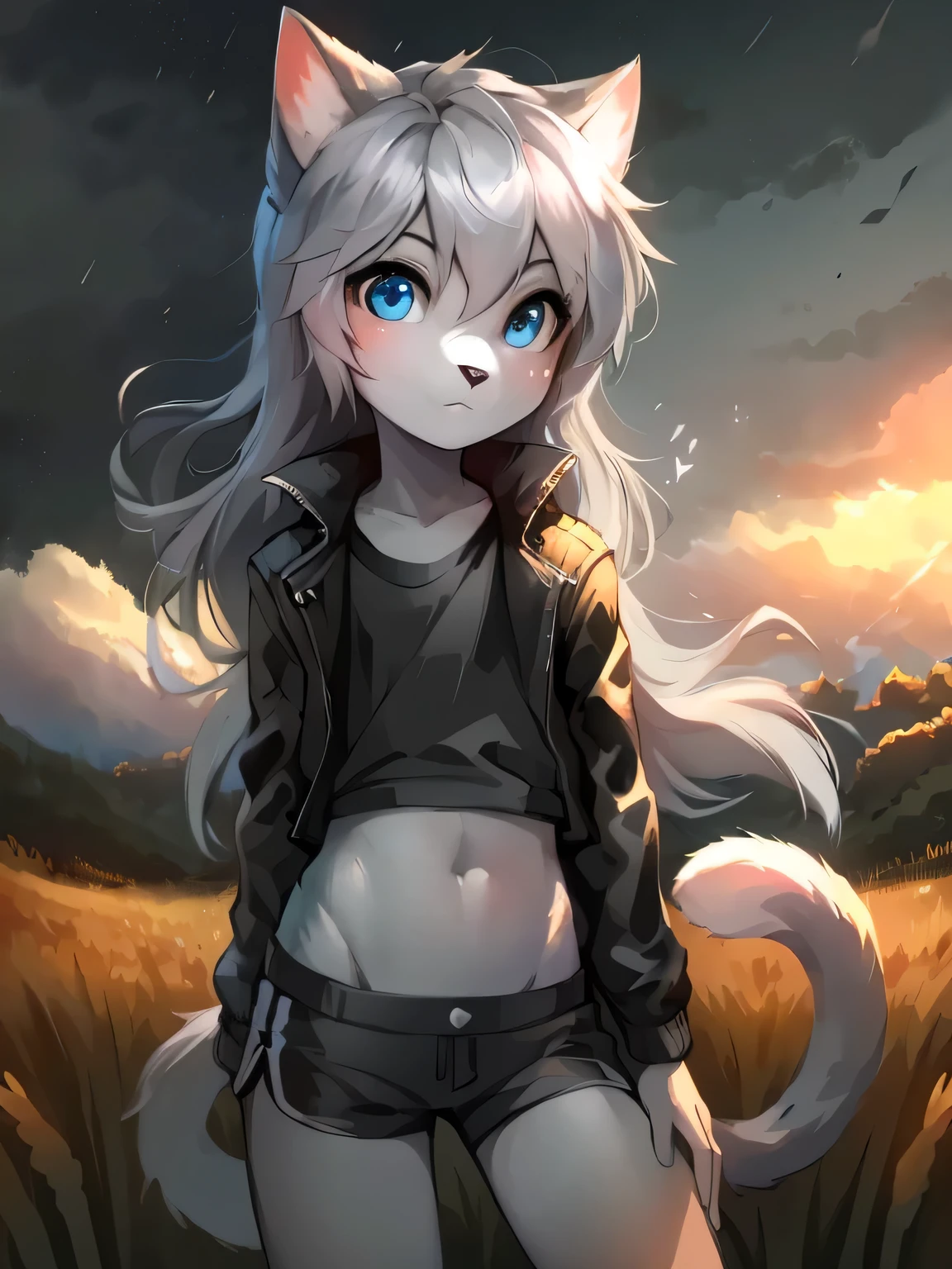 anthro boy cat, long hair, cat tail, solo, furry, furry boy, (girly, young, gray fur, gray body, blue eyes, gray hair:1.2), (black shorts, t-short, jacket, black clothes), (detailed background, cornfield, wind, day, summer, storm, rain, gray background), pose, hand on leg