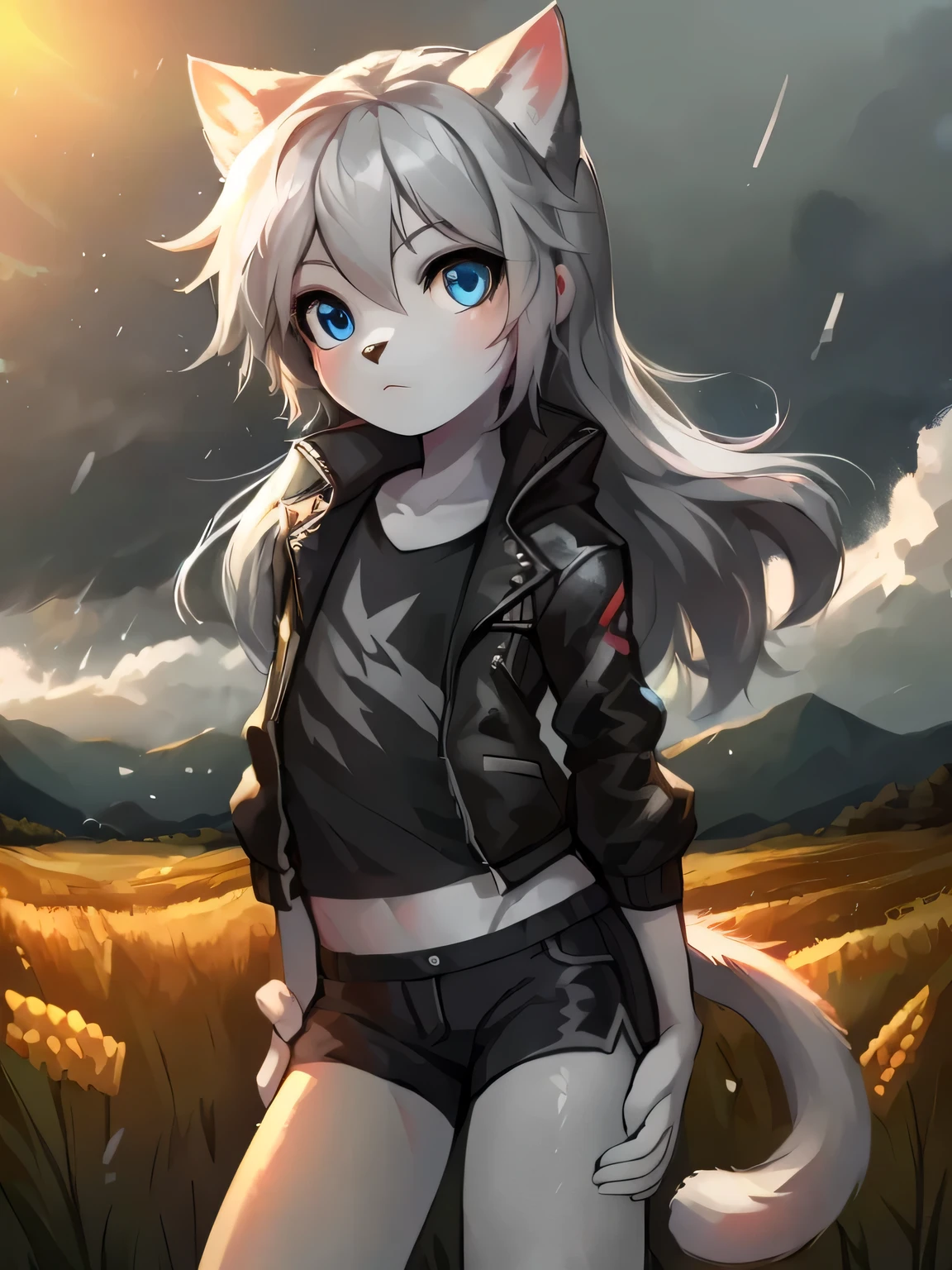 anthro boy cat, long hair, cat tail, solo, furry, furry boy, (girly, young, gray fur, gray body, blue eyes, gray hair:1.2), (black shorts, t-short, jacket, black clothes), (detailed background, cornfield, wind, day, summer, storm, rain, gray background), pose, hand on leg