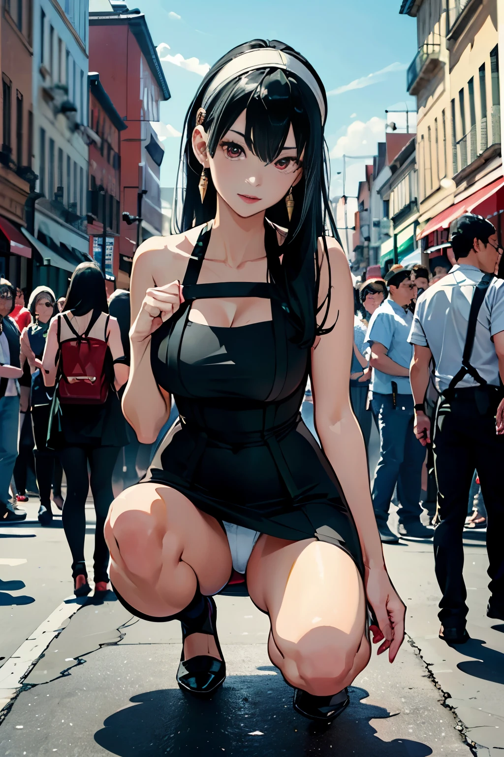 masterpiece、highest quality、High resolution、1 girl、(alone)、red eyes、beautiful long hair、tie hair neatly、slender、thin legs、(In town、bustling street、city、outdoor、A large audience is watching in the background)、Detailed facial depiction、shy smile、(aayorf、hair band、jet black hair)、((black dress、white panties、Panty shot))、((Lots of spectators in the background、crowd on background、the crowd is looking at you))、crouching and attacking、looking at her from below、Raising one knee and kicking