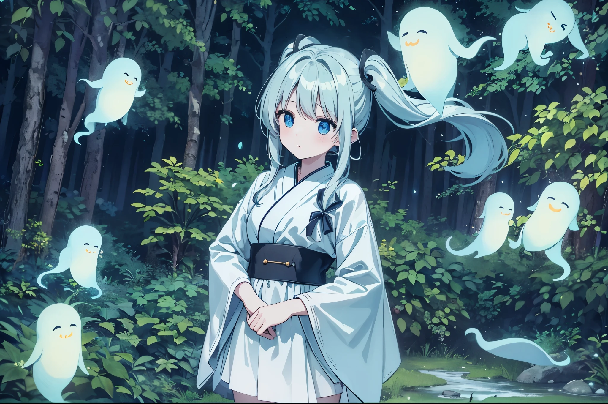 In the forest at night with ghosts Many cute yellow ghosts are flying in the moonlit night. pale light light blue long hair Beautiful girl with twin tails Behind the girl is a pale ghost just like the girl. ghosts are floating