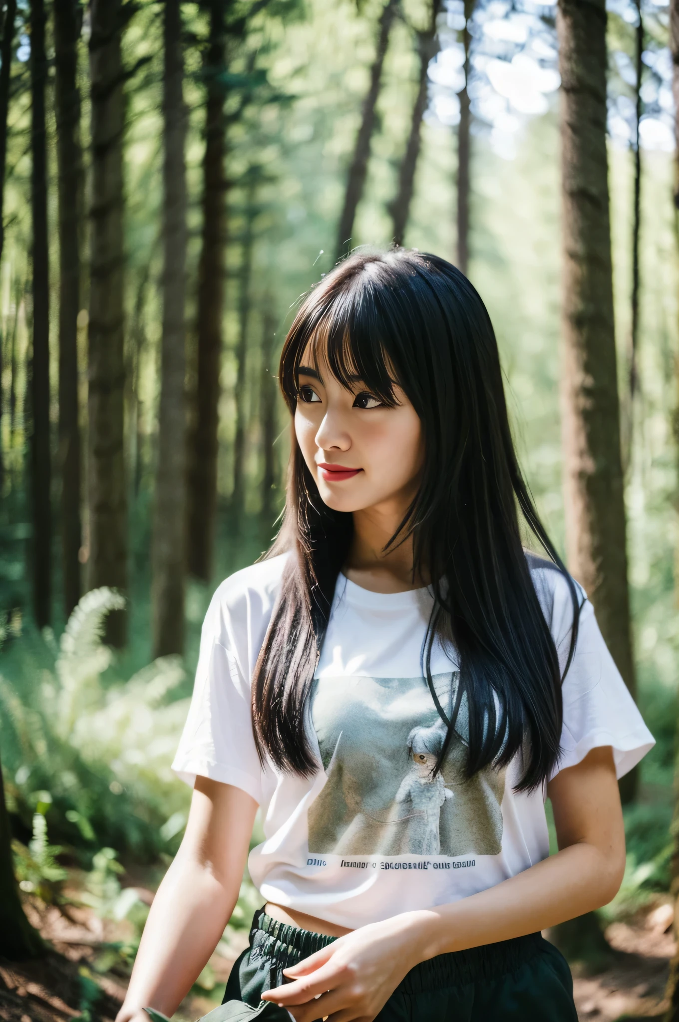 highest quality,masterpiece,32k,realistic,incredibly absurd,Depth of the bounds written、blur background、natural light portrait,perfect female body,Photos of beautiful Japanese women,25 year old girl,contrasting,forest,long hair,black hair,T-shirt,shorts,Happy,