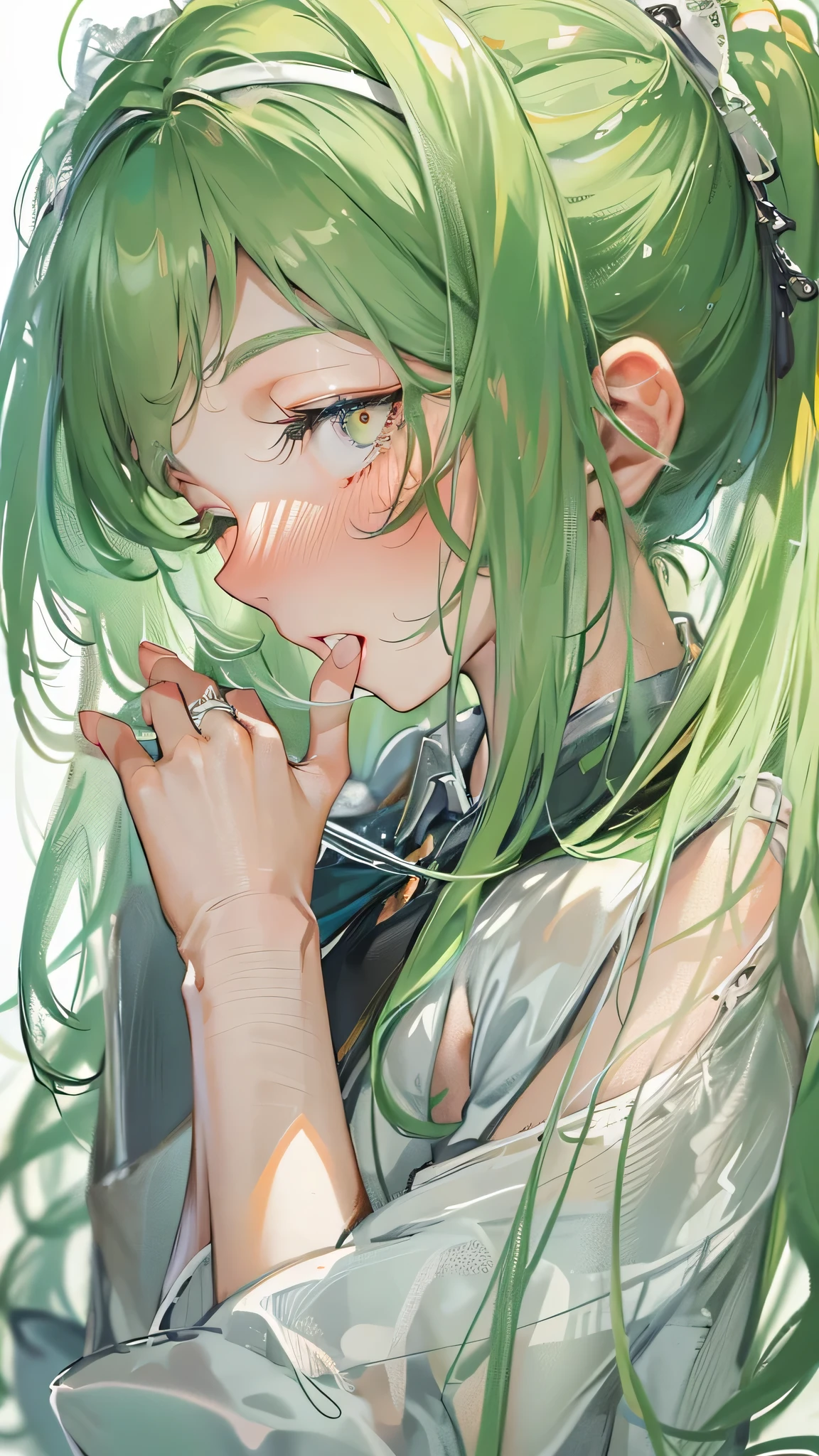 perfect anatomy, masterpiece:1.4, highest quality, 8K, beautiful and detailed growth, Utopian performance, throw, look up, ((sneeze)) (solo ponytail green hair long hair divine cute girl, , Cute closed eyes, face turns red, sexy shiny mouth), wearing a maid shirt, in the magic room.