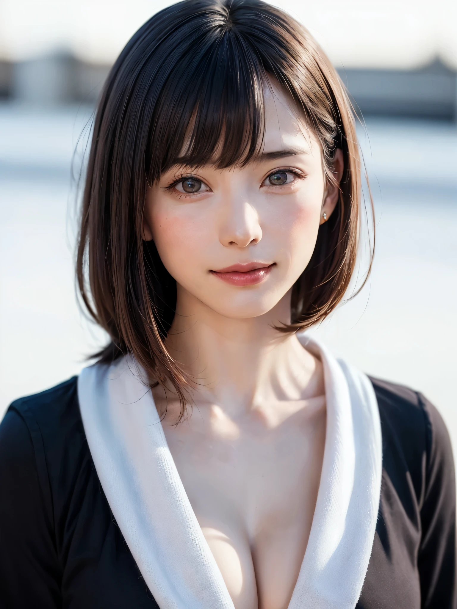 (masterpiece, highest quality),1 girl, alone, scarf, have, realistic, realistic, looking at the viewer, light colored black eyes, Brunette short bob hair with highly detailed shiny hair, Winter clothes, Whity, lips, bangs, outdoor, closed mouth, Upper body、Big eyes、eyelash、((There'There'There'There's really no background、really pure white background))、(((bangsのあるショートヘア、Big eyes、big and full chest、look at the audience、beautiful beauty、show me your ears、long neck、smile、please close your mouth and smile)))、ideal body proportions、(Tree-lined avenues in the winter wilderness of England)、{Huge|big|Hugeな|mega} chest,
