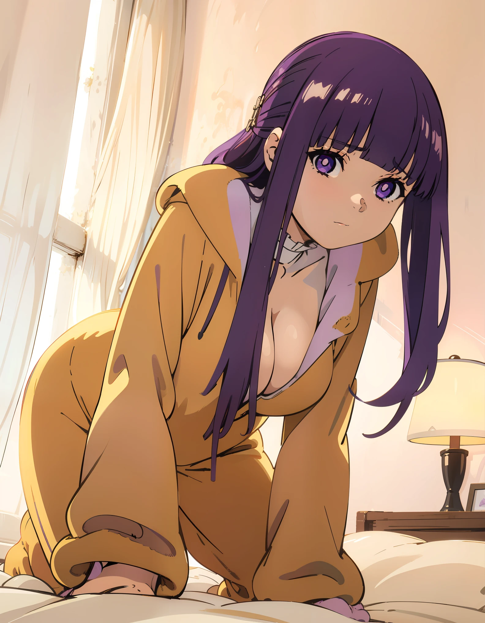 (Best Quality, Masterpiece),sexy, erotic, 1girl, 18 years old, Contempt, pride, long purple hair, ((purple eyes)), looking at viewer, bed, bedroom, looking at viewer, warm light, angry, ((bludhing)), ((teddy onesie)), (kneeling), cleavage, big , ((close up))