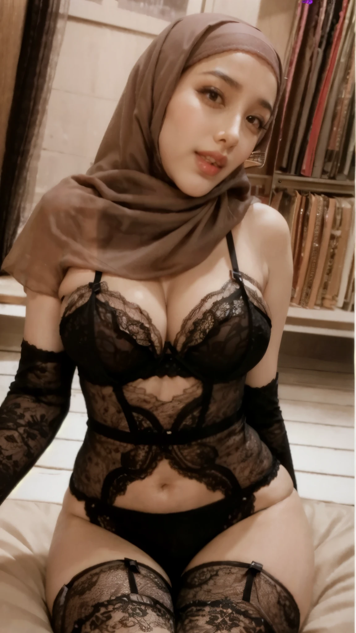araffe wearing a hijab and a black lace bralet, laced lingerie, wearing sexy lingerie, thin black lingerie, lingerie!!, lingerie, lacey, yummy, black lace, captivating and enticing, tease, sensual, seductive. highly detailed, with a seductive smile, black bra, arabian beauty, very tasty, with beautiful exotic, gorgeous figure, arabian