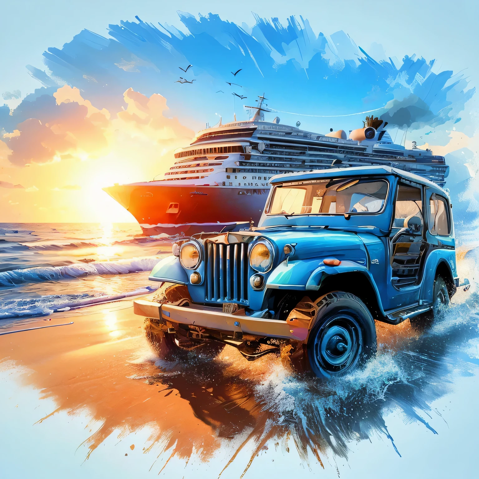 pintura de um jipe e um navio de cruzeiro na praia, stylized digital illustration, pintura digital altamente detalhada, in digital illustration style, vehicle illustration, arte de fundo, amazing wallpaper, estilo em pintura digital, estilo de arte impressionante, jipe em segundo plano, estilo de pintura digital, Arte digital altamente detalhada em 4k, estilo de pintura digital, Arte digital realista em 4K