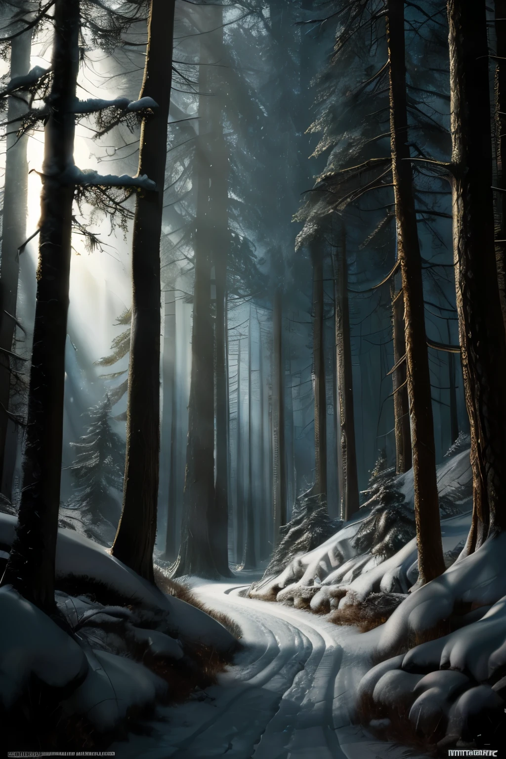 Renaissance style, UHD, perfect composition, ((Extremely realistic)) ((Extremely detailed)) ((anatomically correct)) Low angle shot of a snowy forest, (((Scenery))), (Dark) and ((Ominous)) theme, greg rutkowski, Robert Oxley, concept art, vfx, intricate, high detail, 8k resolution, hyperrealistic, chiaroscuro, full body shot, complex, textured, trending on /r/art, anatomically correct, octane render, fantasy, medieval, very beautiful, atmospheric perspective, hard lighting, epic, powerful, rule of thirds, -ar 16:9, -stylize 60000, -quality 5, Detailed face, photorealistic