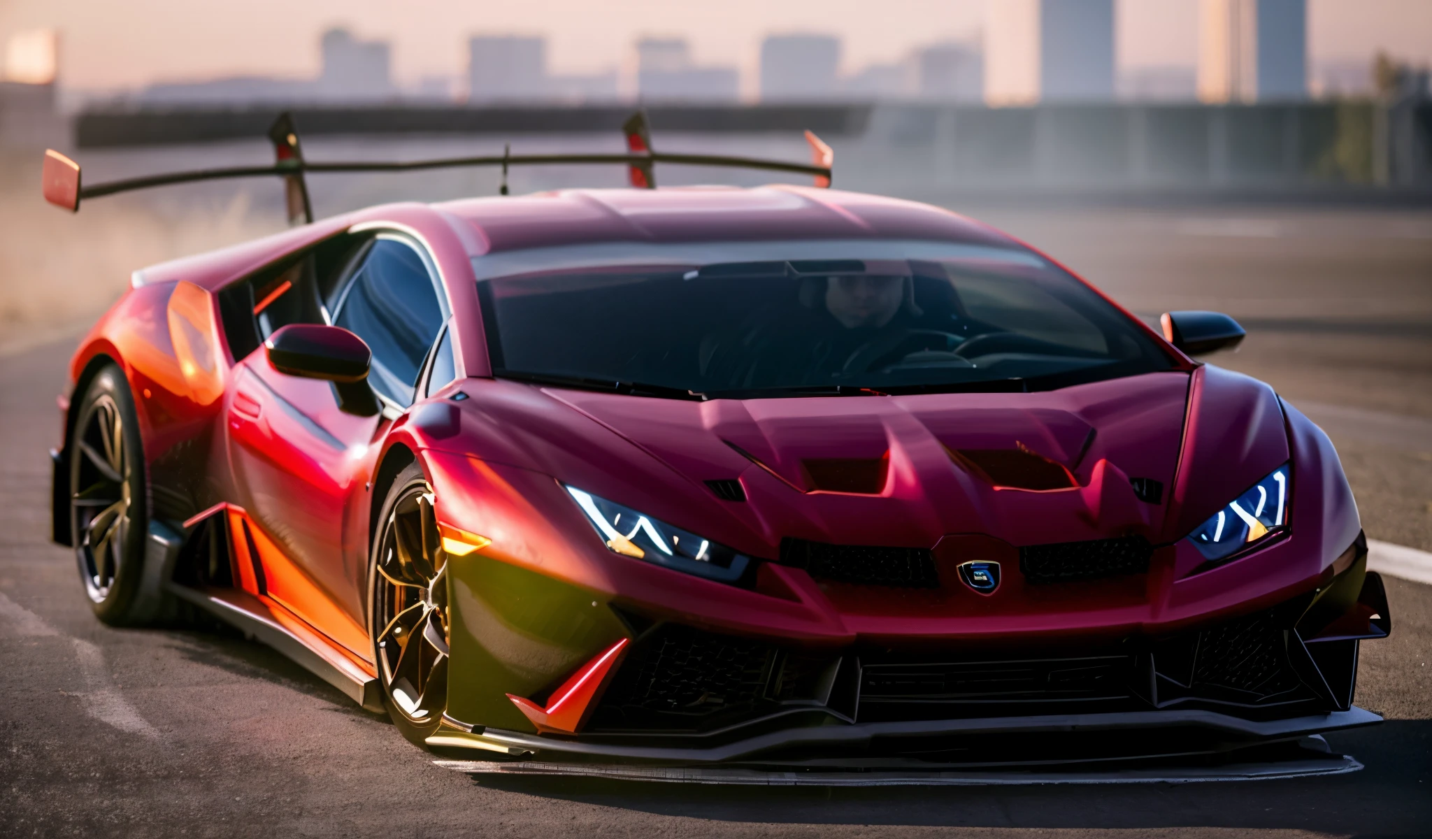 8k photograph,In the daytime, red and black color lamborghini huracan performante STO,action shot,A detailed,(with dynamism,photograph realistic,realisticlying,Clear focus,8k)