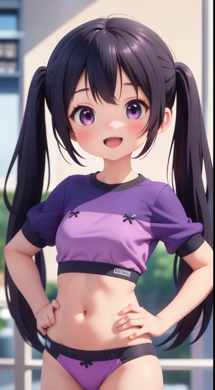 masterpiece, 1girl, solo, smile, smirk, open mouth, (purple black hair), twin tails, race queen, rq, tedeza rize, standing, (hand on own hip), looking at viewer, gym bra and panties, Intricate Iris Details