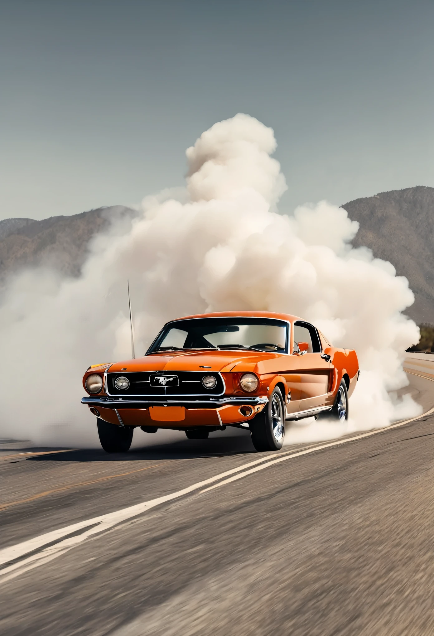 A classic Ford Mustang GT, in deep carrot orange, burns rubber on an open highway, leaving behind a plume of white smoke as it drifts, capturing the power and legacy of American muscle
