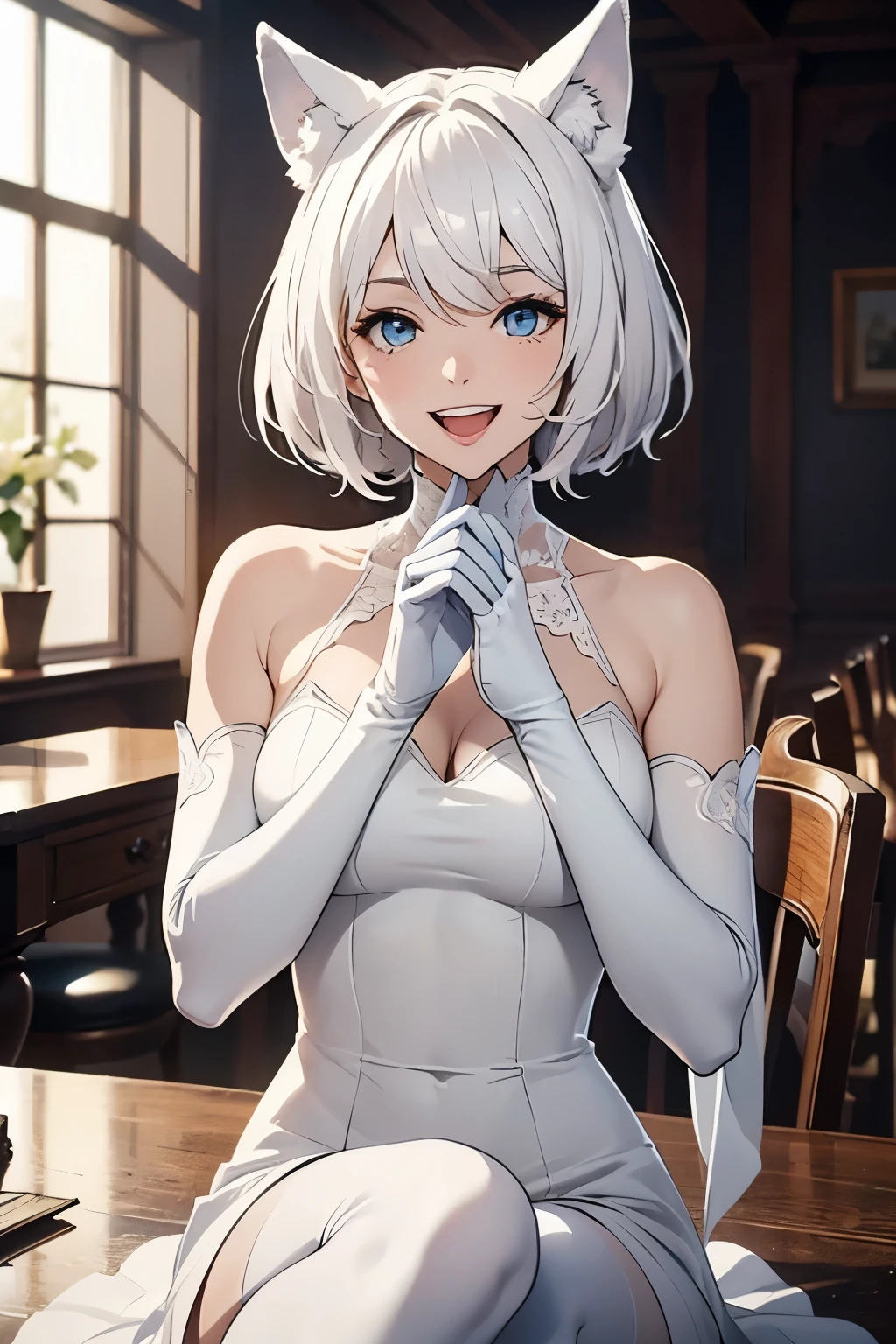 table top High level image quality best image quality 8k adult woman whole body portrait pure white long gloves(elbow gloves) white mini dress white wolf ears short hair((shortcut)(gray hair)(perm)(fluffy)) eye color is blue attractive face((laughter)(smile)(open your mouth)) stand look forward sexy pose