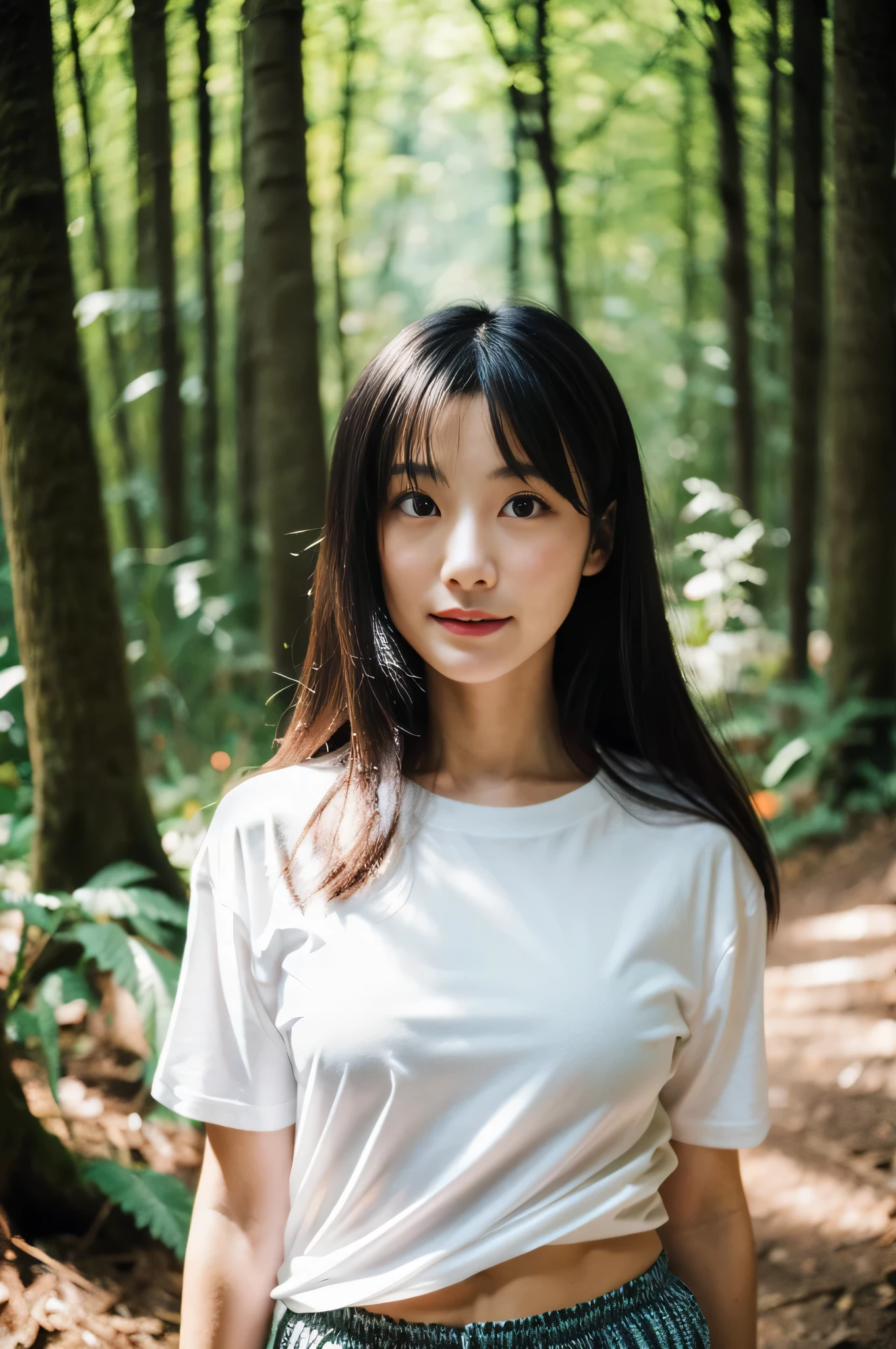 highest quality,masterpiece,32k,realistic,incredibly absurd,Depth of the bounds written、blur background、natural light portrait,perfect female body,Photos of beautiful Japanese women,25 year old girl,contrasting,forest,long hair,black hair,T-shirt,shorts,Happy,