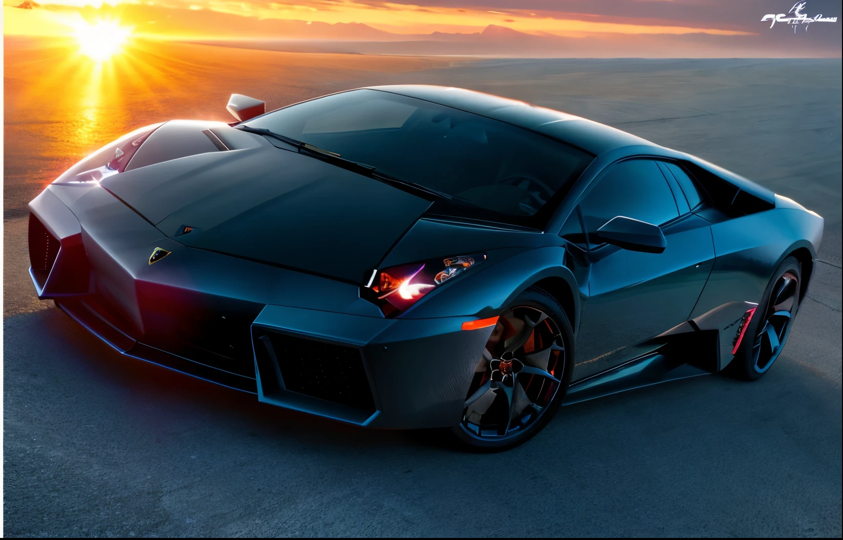 A lamborghini reventon driving into sunset, photo taken from rear left angle, ultra photorealism, sharp details, wide angle photography, 16k UHD, realistic proportions, fprza horizon 5