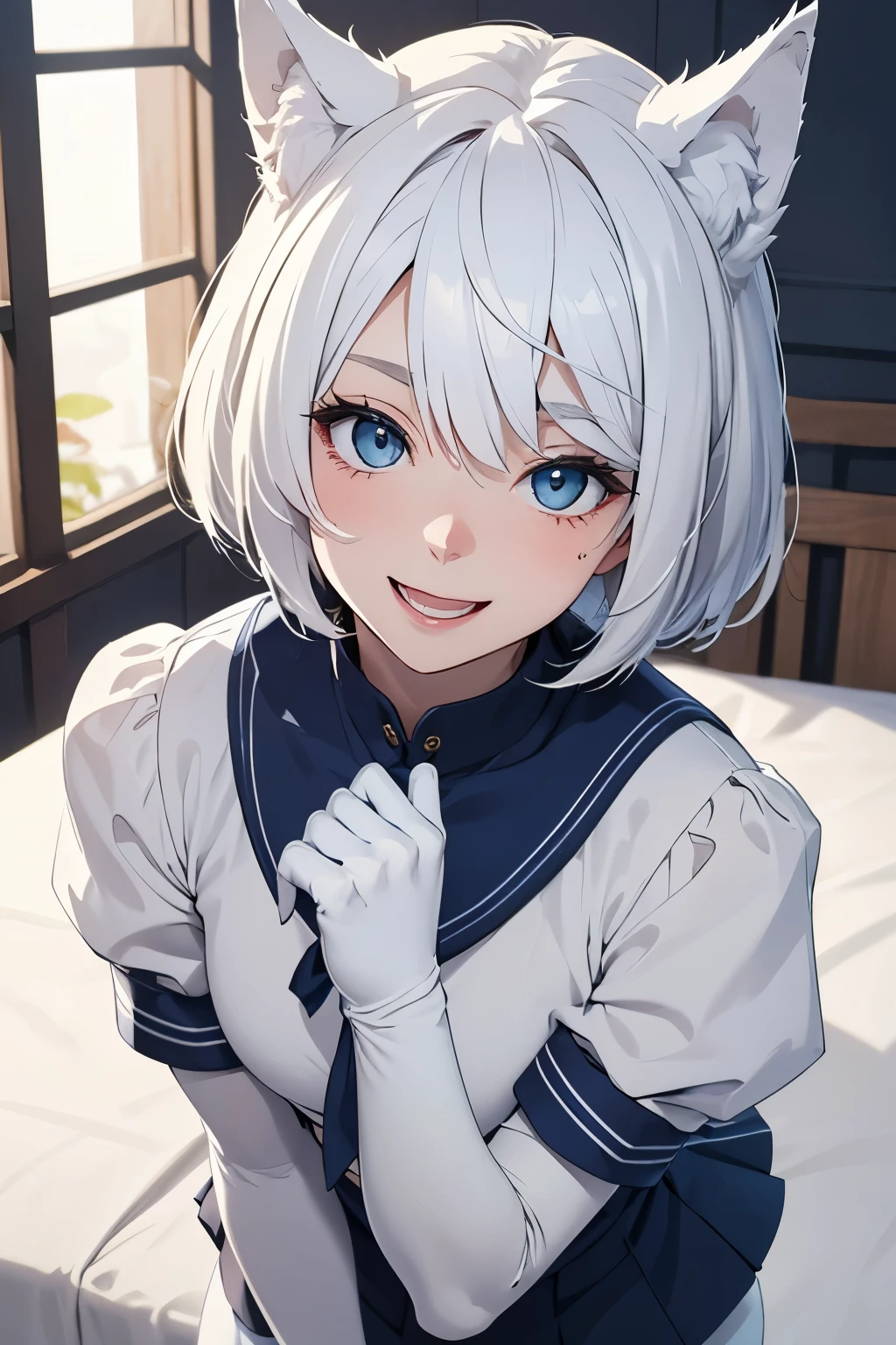 table top　High level image quality　best image quality　8K　 adult woman　portrait　white long gloves（elbow gloves）　white pantyhose　Sailor suit without sleeves　navy blue mini skirt　white wolf ears　short hair（（shortcut）（pure white hair）（perm）（fluffy））　eye color is blue　attractive face（（laughter）（smile）（open your mouth））　beautiful feet　Are standing　on the bed