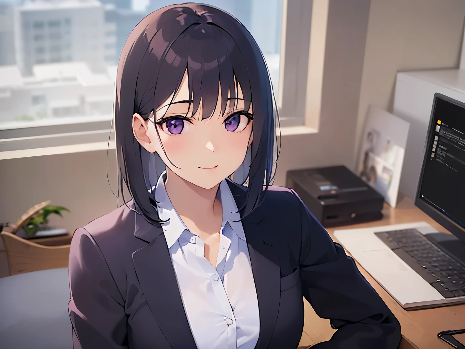 Upper Body, Realistic, real person, (pale skin: 1.2), RAW photo, photorealistic, portrait photography, shiny skin, japanese idol、shiny hair、(25 year old woman with straight medium hair with bangs) and (black hair) and (purple eyes) , Office Lady、(business suit:1.2) and (white collared shirt)、smile, The background is an office、Alone、sitting、desk、computer