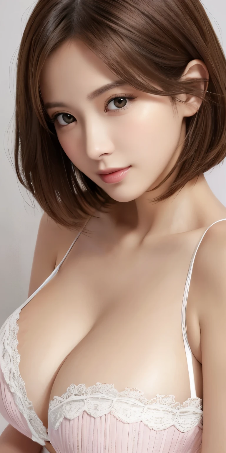 masterpiece、highest quality、High resolution、table top、wallpaper、realistic、bright lighting、professional lighting、face light、smooth lighting、japanese woman、adult、Beautiful woman、action、gravure、sexy、poor、super beautiful、beautiful skin、beautiful and detailed eyes、detailed face、slim、moderately、short hair、brunette colored hair、brown eyes、look at the camera、big breasts、cleavage