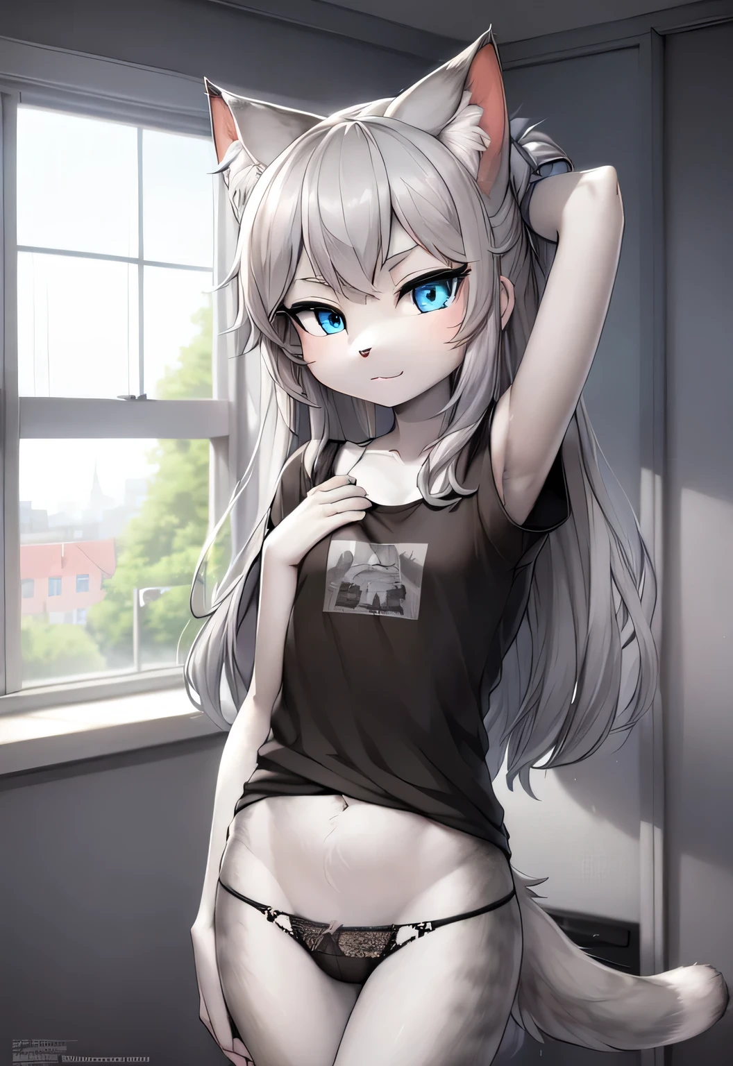 anthro boy cat, long hair, cat tail, solo, furry, furry boy, (girly, young, gray fur, gray body, blue eyes, gray hair:1.2), (panties, t-short, black clothes), (detailed background, window, room, day, summer, storm, street, rain, gray background), pose
