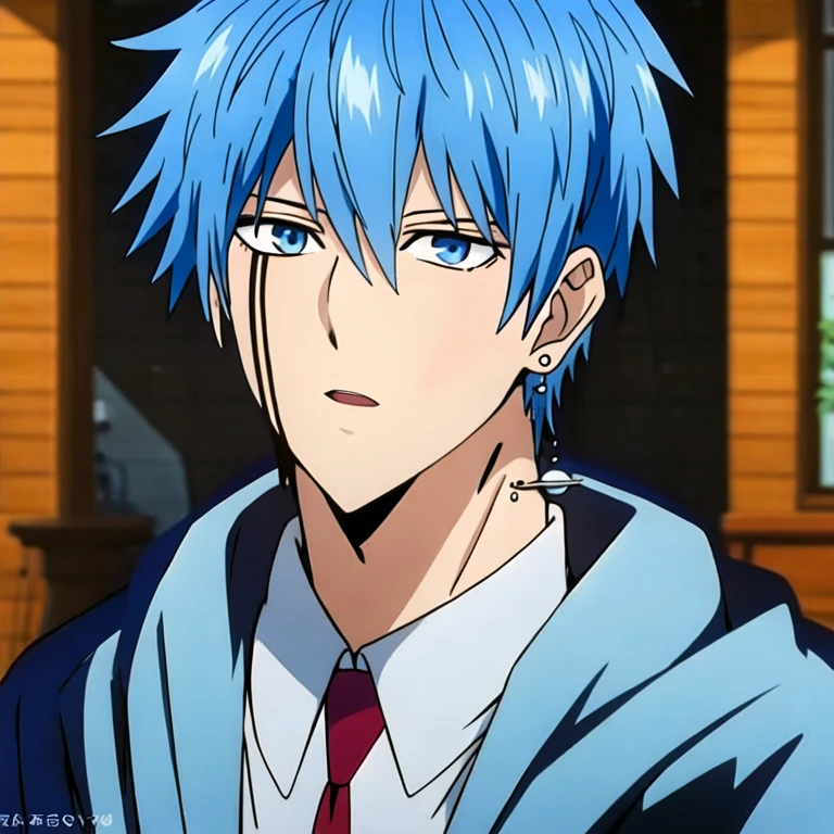(masterpiece, best quality:1.2), 1boy, solo,Mashle, Lance Crowne, light blue hair, blue eyes, anime texture, natural light