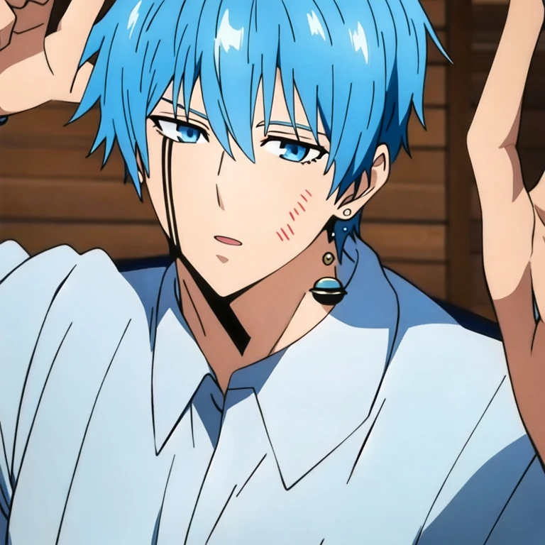 (masterpiece, best quality:1.2), 1boy, solo,Mashle, Lance Crowne, light blue hair, blue eyes, anime texture, natural light