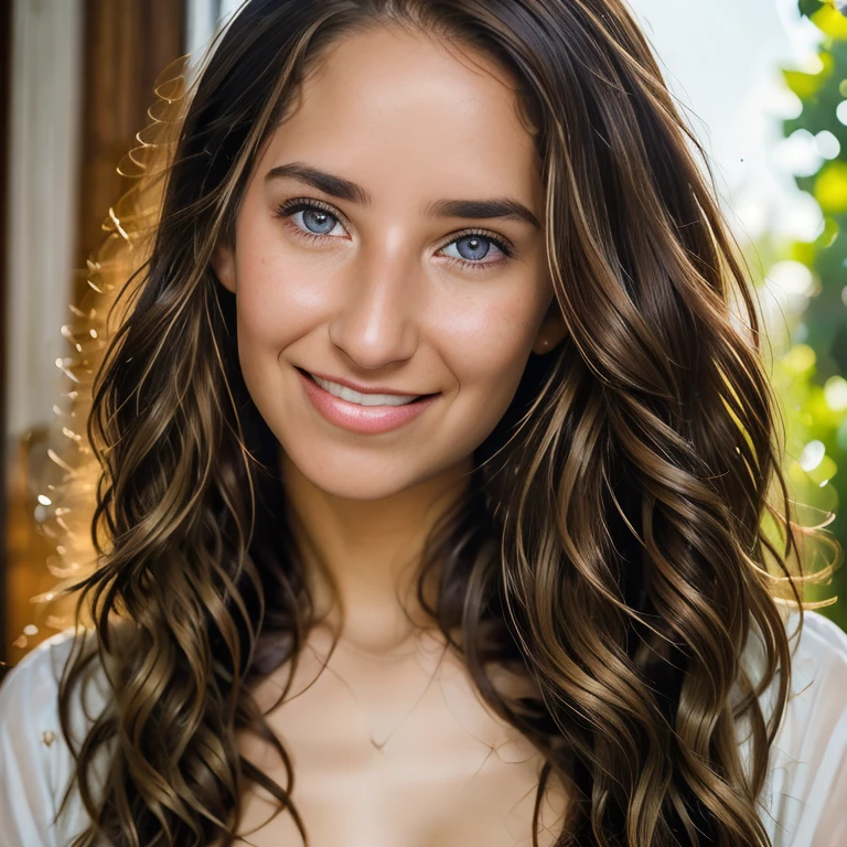 Realistic Photography, Portrait Beautiful Female, close-up, editorial photograph of a  20 year old woman), (highly detailed face:1.4) (smile:0.7)  POV, by lee jeffries, nikon d850, film stock photograph ,4 kodak portra 400 ,camera f1.6 lens ,rich colors ,hyper realistic ,lifelike texture, dramatic lighting , cinestill 800, RAW photo, (((Portrait of amazing beauty))), ((Shining white skin)), (((Shiny natural bright brunet hair)), [perfect eyes], wavy hair is its natural volume,  defined curls  hair, eyeliner, hair between the eyes, waving hair, laughter, ((masterpiece, top quality, super detailed, film light, high resolution, very detailed)), detailed background, 8k UHD digital, SLR camera, soft light, high quality, shallow depth of field, natural soft light, (perfect hands), perfect beautiful face. Huge breast.