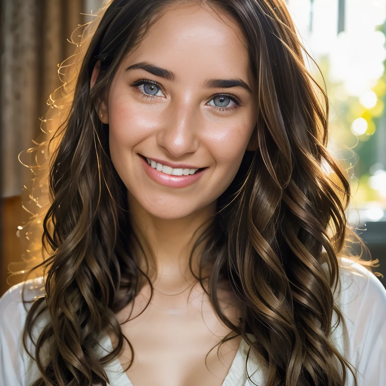 Realistic Photography, Portrait Beautiful Female, close-up, editorial photograph of a  20 year old woman), (highly detailed face:1.4) (smile:0.7)  POV, by lee jeffries, nikon d850, film stock photograph ,4 kodak portra 400 ,camera f1.6 lens ,rich colors ,hyper realistic ,lifelike texture, dramatic lighting , cinestill 800, RAW photo, (((Portrait of amazing beauty))), ((Shining white skin)), (((Shiny natural bright brunet hair)), [perfect eyes], wavy hair is its natural volume,  defined curls  hair, eyeliner, hair between the eyes, waving hair, laughter, ((masterpiece, top quality, super detailed, film light, high resolution, very detailed)), detailed background, 8k UHD digital, SLR camera, soft light, high quality, shallow depth of field, natural soft light, (perfect hands), perfect beautiful face. Huge breast.