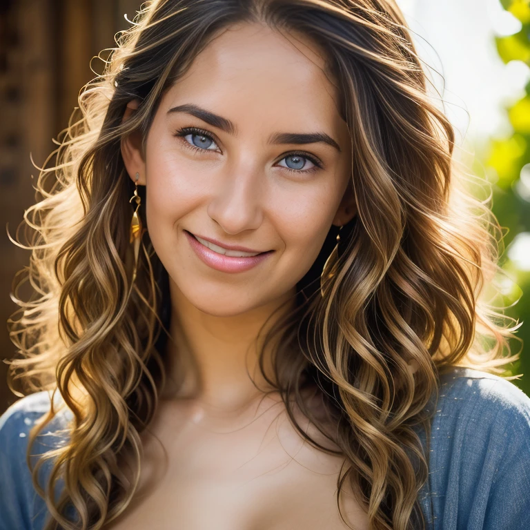 Realistic Photography, Portrait Beautiful Female, close-up, editorial photograph of a  20 year old woman), (highly detailed face:1.4) (smile:0.7)  POV, by lee jeffries, nikon d850, film stock photograph ,4 kodak portra 400 ,camera f1.6 lens ,rich colors ,hyper realistic ,lifelike texture, dramatic lighting , cinestill 800, RAW photo, (((Portrait of amazing beauty))), ((Shining white skin)), (((Shiny natural bright brunet hair)), [perfect eyes], wavy hair is its natural volume,  defined curls  hair, eyeliner, hair between the eyes, waving hair, laughter, ((masterpiece, top quality, super detailed, film light, high resolution, very detailed)), detailed background, 8k UHD digital, SLR camera, soft light, high quality, shallow depth of field, natural soft light, (perfect hands), perfect beautiful face. Huge breast.