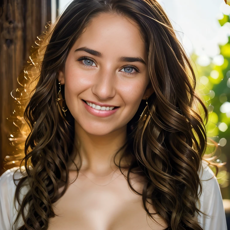Realistic Photography, Portrait Beautiful Female, close-up, editorial photograph of a  20 year old woman), (highly detailed face:1.4) (smile:0.7)  POV, by lee jeffries, nikon d850, film stock photograph ,4 kodak portra 400 ,camera f1.6 lens ,rich colors ,hyper realistic ,lifelike texture, dramatic lighting , cinestill 800, RAW photo, (((Portrait of amazing beauty))), ((Shining white skin)), (((Shiny natural bright brunet hair)), [perfect eyes], wavy hair is its natural volume,  defined curls  hair, eyeliner, hair between the eyes, waving hair, laughter, ((masterpiece, top quality, super detailed, film light, high resolution, very detailed)), detailed background, 8k UHD digital, SLR camera, soft light, high quality, shallow depth of field, natural soft light, (perfect hands), perfect beautiful face. Huge breast.