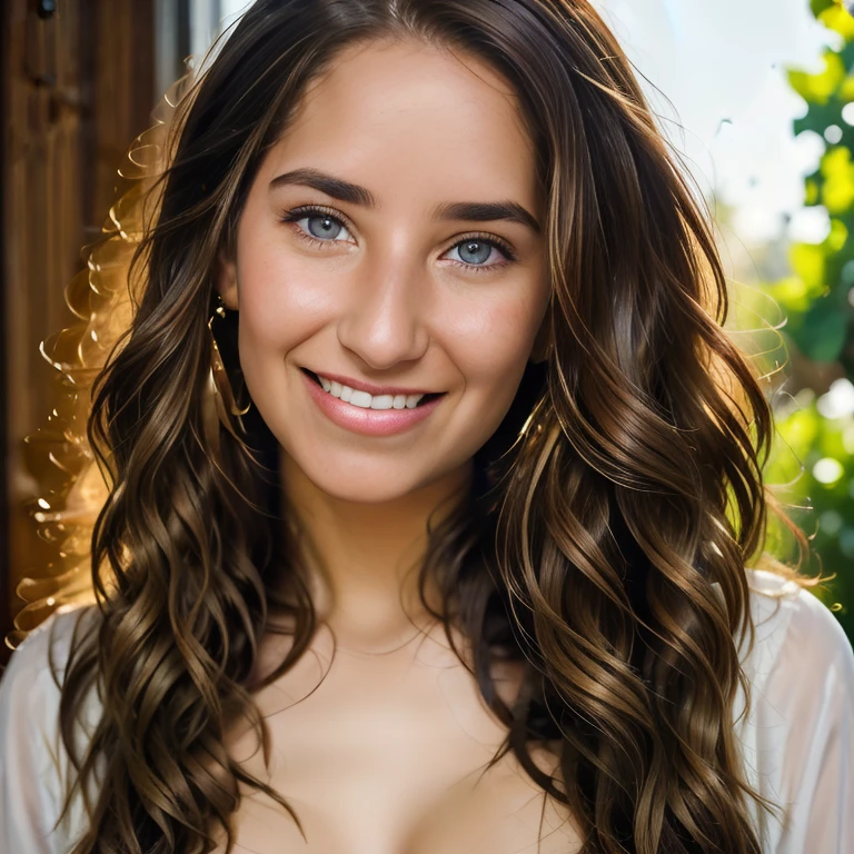Realistic Photography, Portrait Beautiful Female, close-up, editorial photograph of a  20 year old woman), (highly detailed face:1.4) (smile:0.7)  POV, by lee jeffries, nikon d850, film stock photograph ,4 kodak portra 400 ,camera f1.6 lens ,rich colors ,hyper realistic ,lifelike texture, dramatic lighting , cinestill 800, RAW photo, (((Portrait of amazing beauty))), ((Shining white skin)), (((Shiny natural bright brunet hair)), [perfect eyes], wavy hair is its natural volume,  defined curls  hair, eyeliner, hair between the eyes, waving hair, laughter, ((masterpiece, top quality, super detailed, film light, high resolution, very detailed)), detailed background, 8k UHD digital, SLR camera, soft light, high quality, shallow depth of field, natural soft light, (perfect hands), perfect beautiful face. Huge breast.