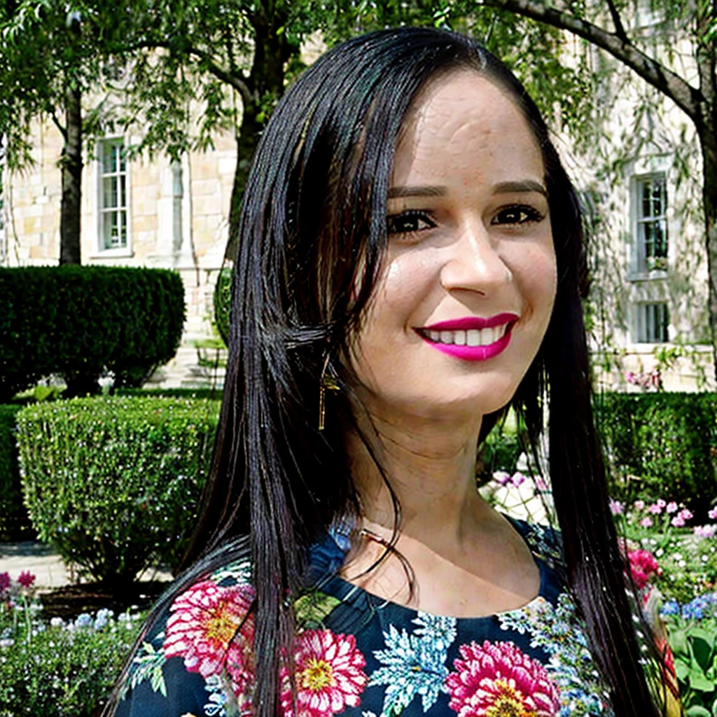 close-up, 30yo woman (long straight black hair, smile), wearing a floral detailed dress, in a beautiful garden, looking at viewer, (masterpiece, best quality, photorealistic, UHD, 4K, 8K, 16K:1.2), solo
