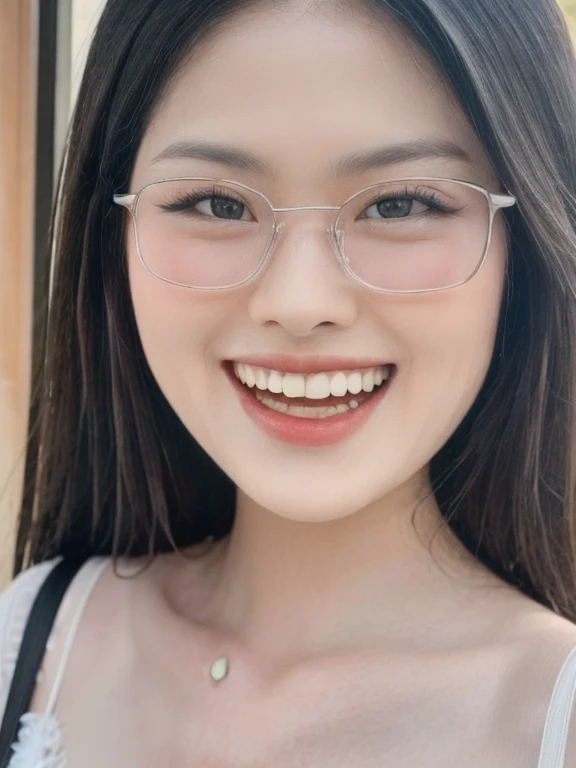 (realistic、masterpiece、Best Quality、8K、highres、high resolution:1.3)、1 glasses girl、smile, Huge breasts、white bikini、pale white skin、looking at viewers、super fine face and eyes、long hair、indoor、 upper body、