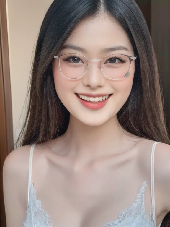 (realistic、masterpiece、Best Quality、8K、highres、high resolution:1.3)、1 glasses girl、smile, Huge breasts、white bikini、pale white skin、looking at viewers、super fine face and eyes、long hair、indoor、 upper body、