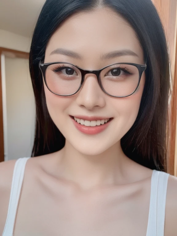 (realistic、masterpiece、Best Quality、8K、highres、high resolution:1.3)、1 glasses girl、smile, Huge breasts、white bikini、pale white skin、looking at viewers、super fine face and eyes、long hair、indoor、 upper body、