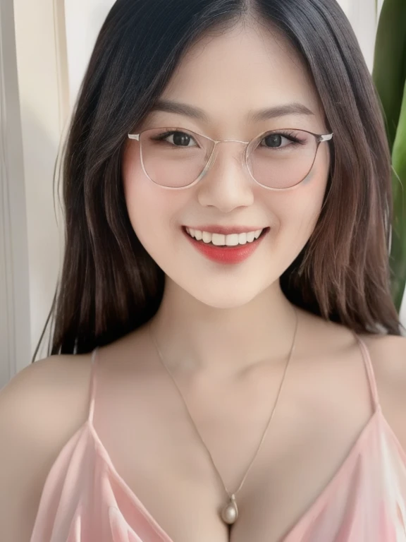 (realistic、masterpiece、Best Quality、8K、highres、high resolution:1.3)、1 glasses girl、smile, Huge breasts、white bikini、pale white skin、looking at viewers、super fine face and eyes、long hair、indoor、 upper body、