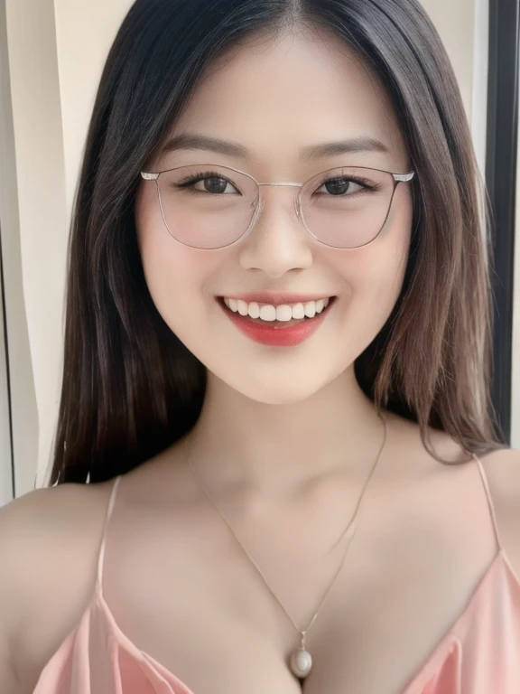 (realistic、masterpiece、Best Quality、8K、highres、high resolution:1.3)、1 glasses girl、smile, Huge breasts、white bikini、pale white skin、looking at viewers、super fine face and eyes、long hair、indoor、 upper body、