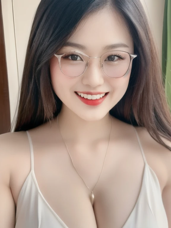 (realistic、masterpiece、Best Quality、8K、highres、high resolution:1.3)、1 glasses girl、smile, Huge breasts、white bikini、pale white skin、looking at viewers、super fine face and eyes、long hair、indoor、 upper body、