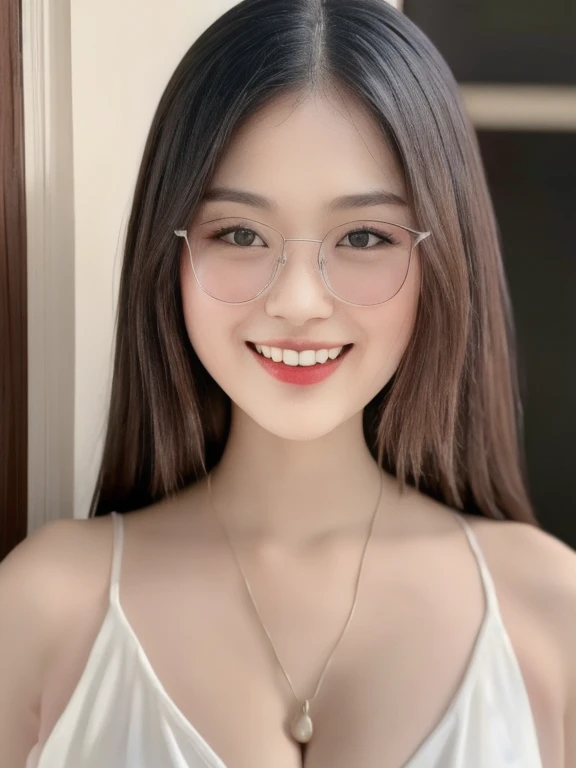 (realistic、masterpiece、Best Quality、8K、highres、high resolution:1.3)、1 glasses girl、smile, Huge breasts、white bikini、pale white skin、looking at viewers、super fine face and eyes、long hair、indoor、 upper body、