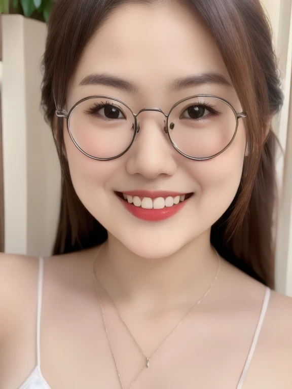 (realistic、masterpiece、Best Quality、8K、highres、high resolution:1.3)、1 glasses girl、smile, Huge breasts、white bikini、pale white skin、looking at viewers、super fine face and eyes、long hair、indoor、 upper body、