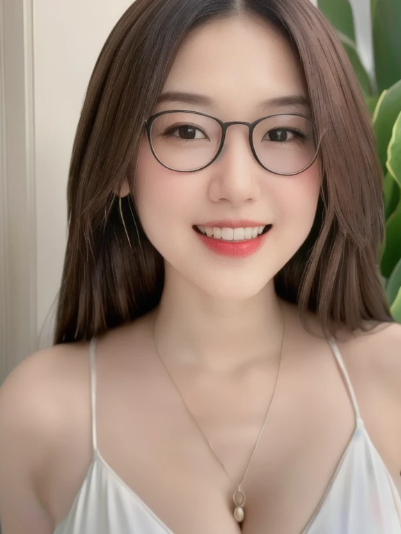 (realistic、masterpiece、Best Quality、8K、highres、high resolution:1.3)、1 glasses girl、Huge breasts、smile, white bikini、pale white skin、looking at viewers、super fine face and eyes、long hair、indoor、 upper body、